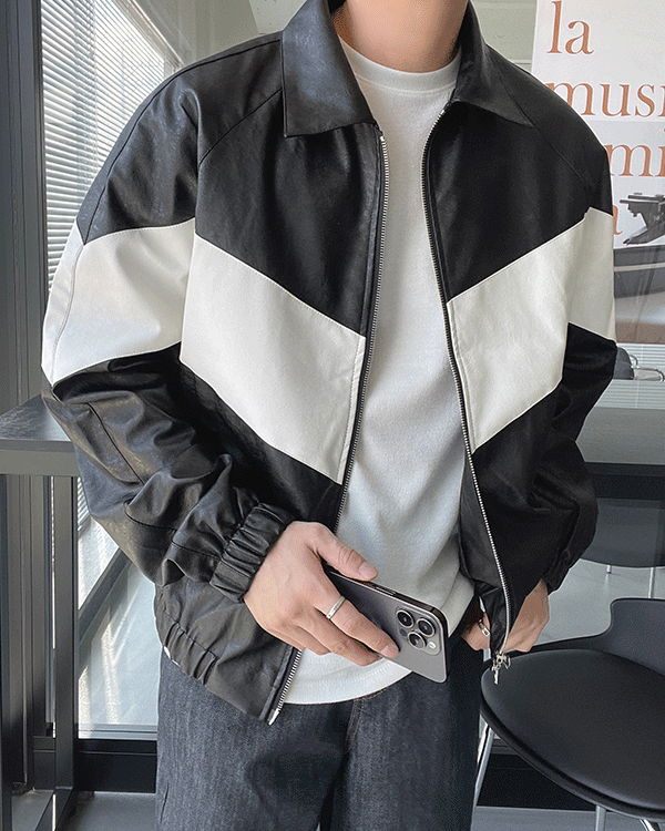 투웨이 사선 배색 레더 자켓 (2 color)