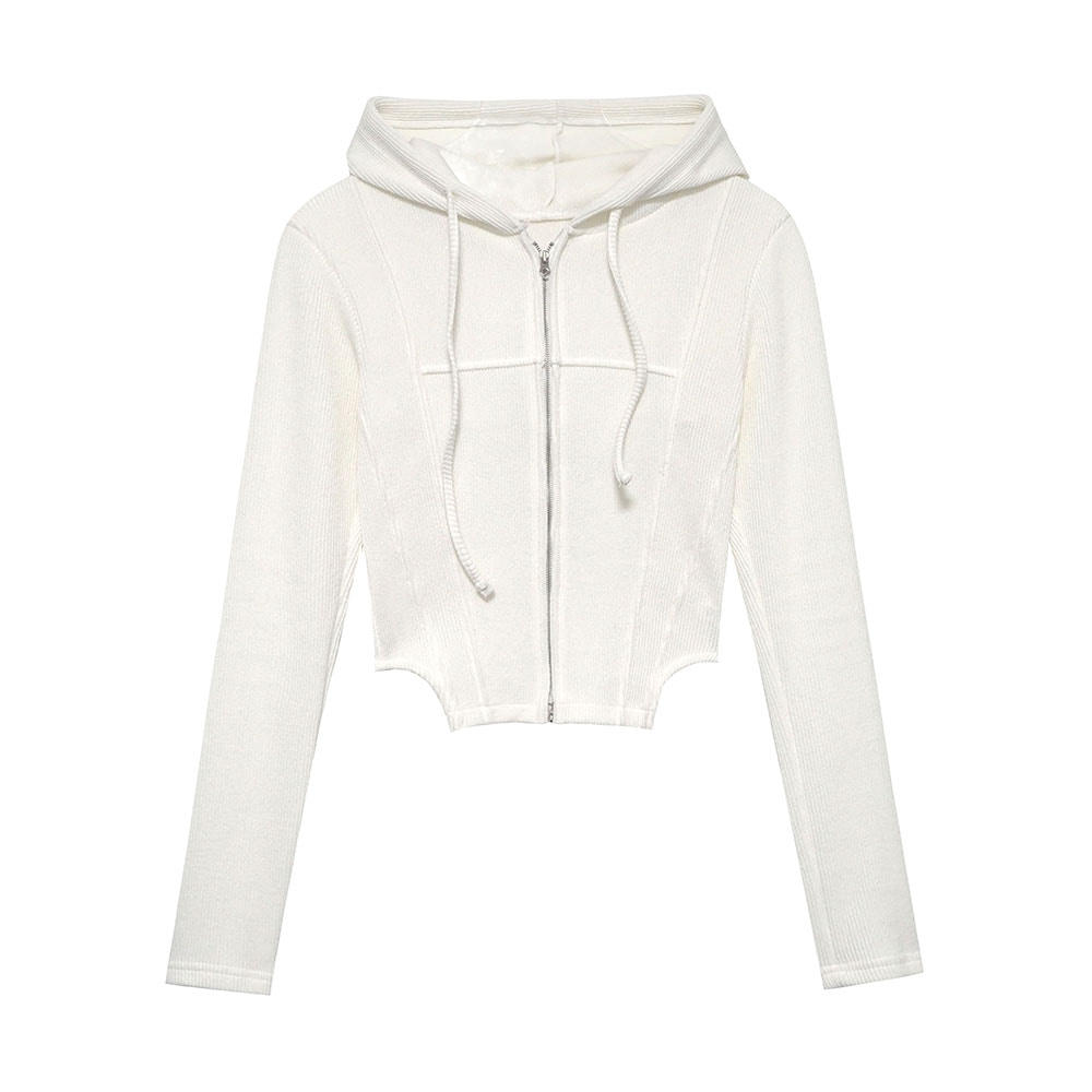 Rib Knit Two-way Hooded Zip-Up