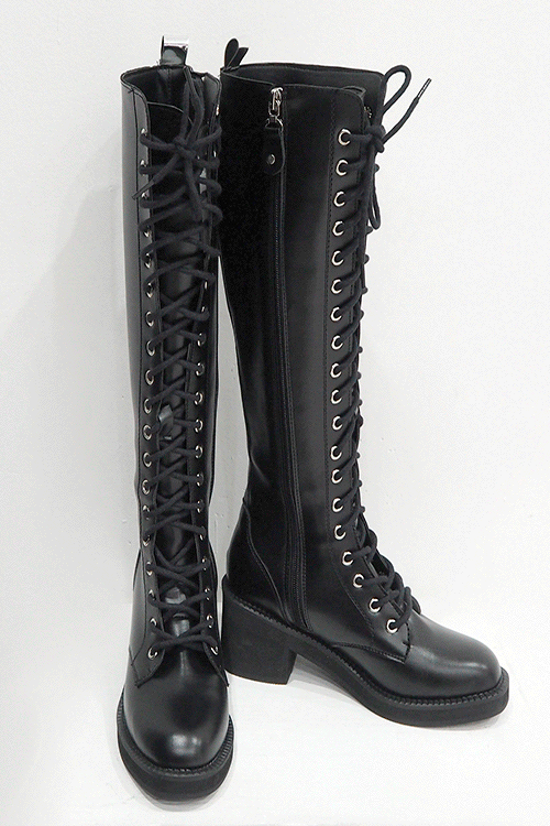 블랙피치,Faux Leather Lace up Combat Long Boots