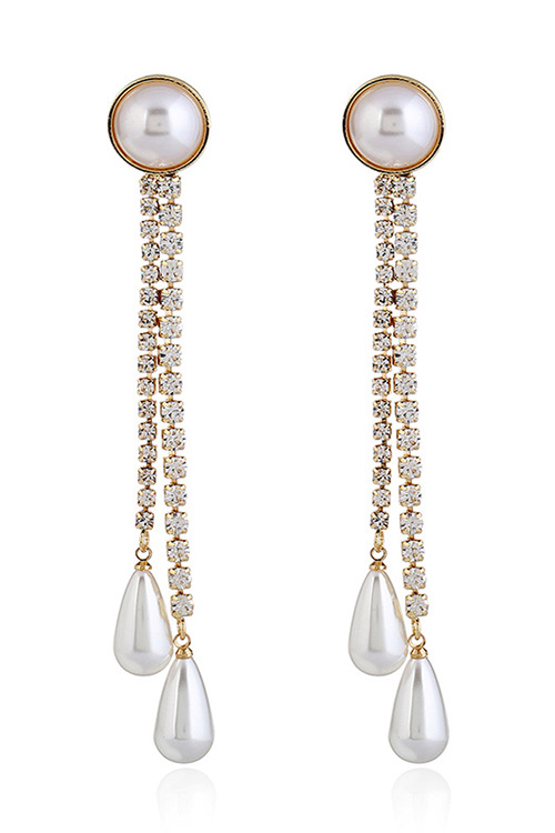 블랙피치,(SALE) Long Crystal Pearl Drop Earrings