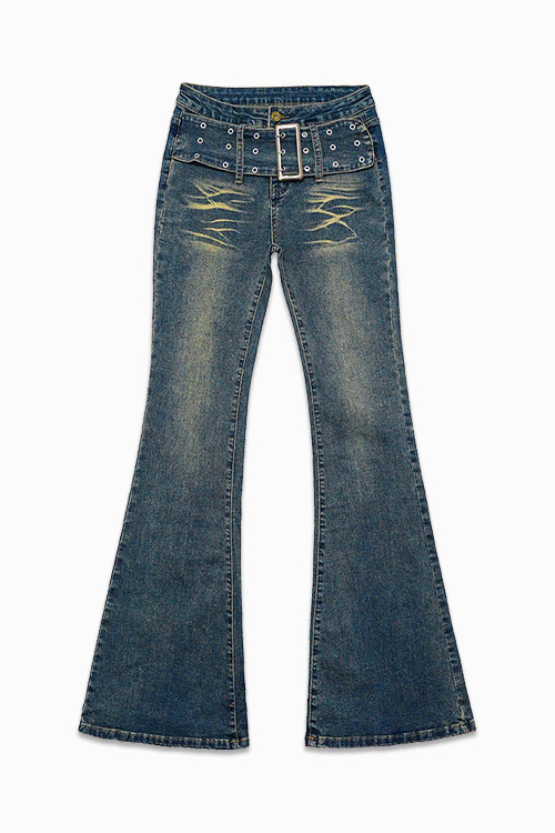 Low-Rise Belted Bootcut Jeans
