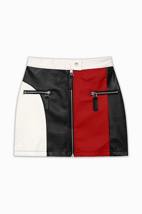 Color Block Eco Leather Mini Skirt