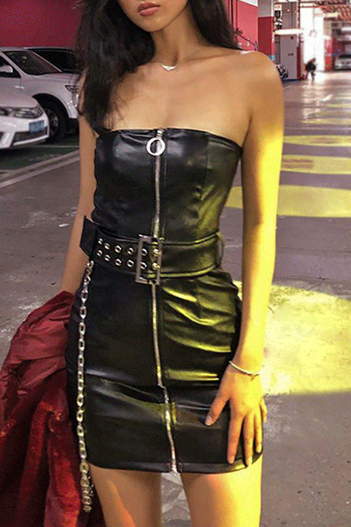 Faux Leather Biker Mini Dress (당일발송가능)