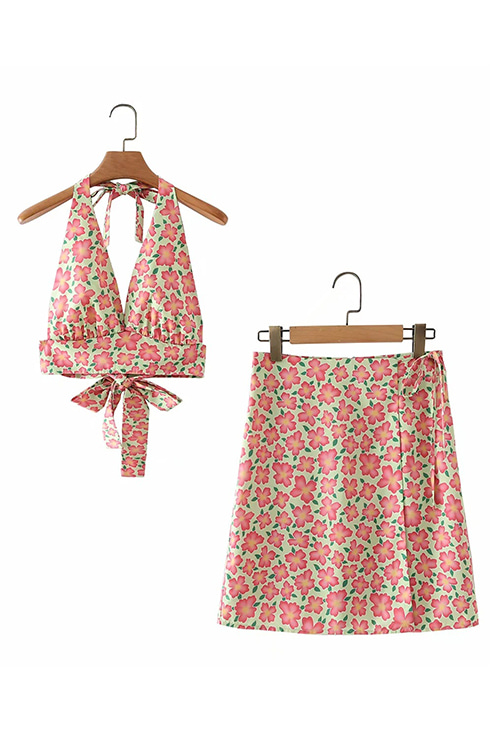 (SALE) Aloha Halterneck Top &amp; Mini Skirt (당일발송가능)