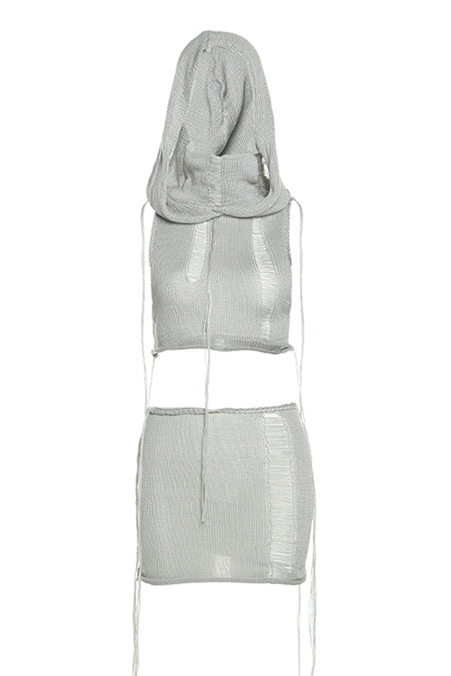 Damaged Knit Hooded Crop Top &amp; Mini Skirt Set
