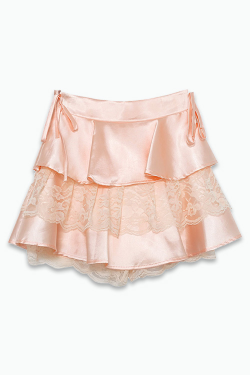Satin Lace Tiered Mini Skirt