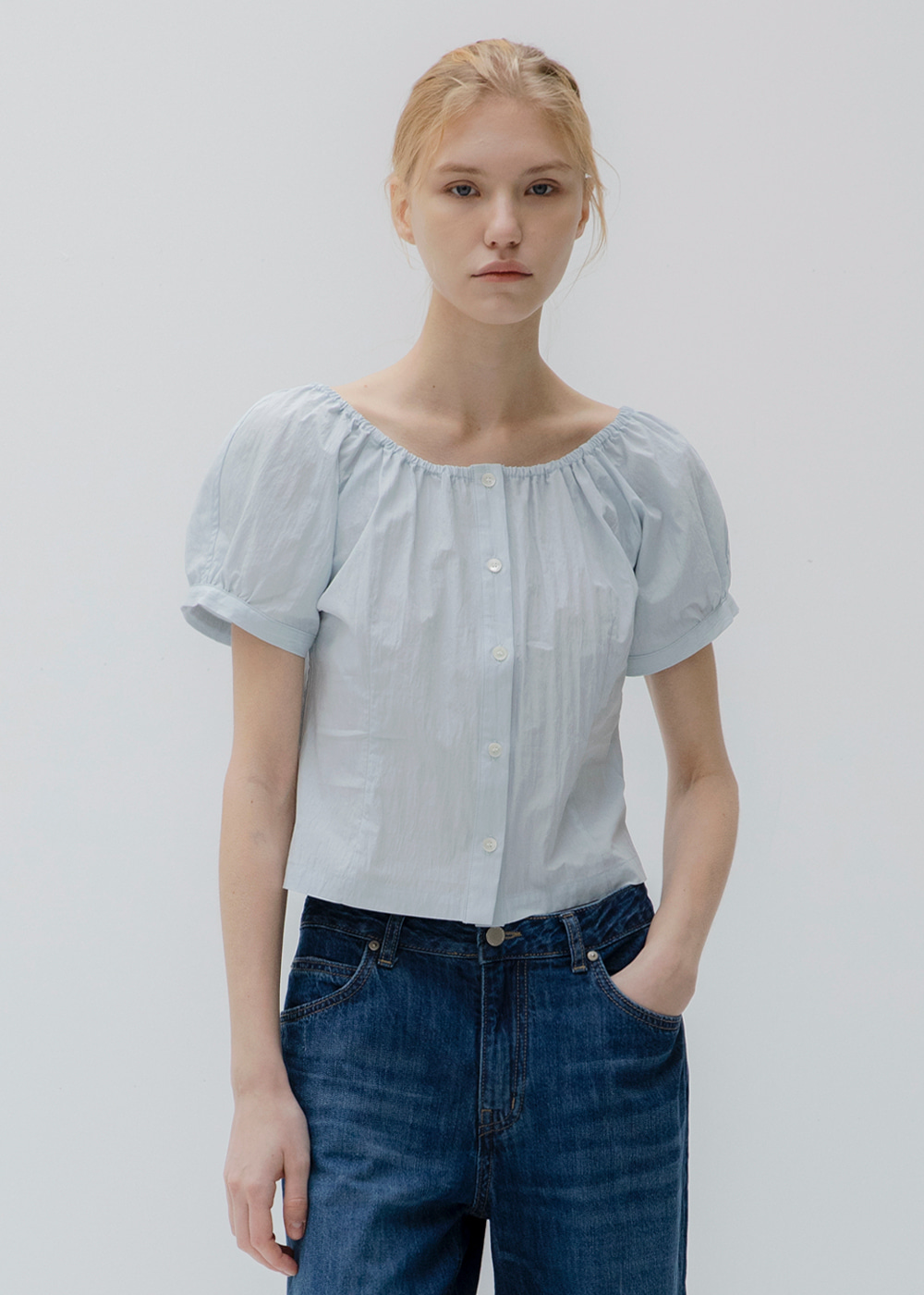 블루브릭,[3차] Shirring half blouse (sky blue)