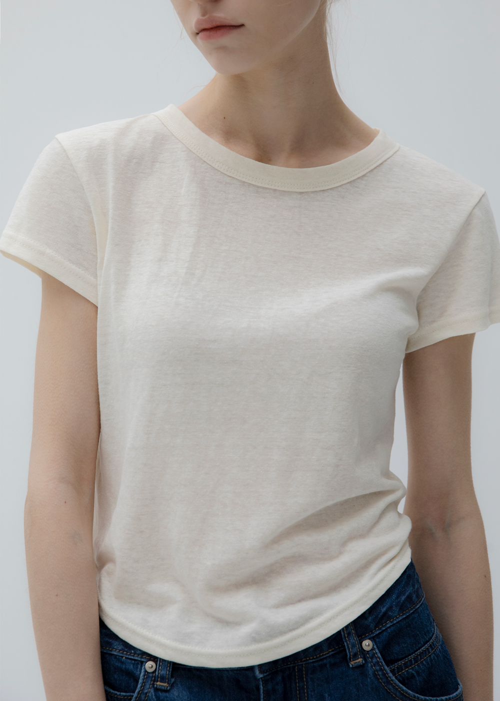 블루브릭,Linen round crop t-shirt (cream)