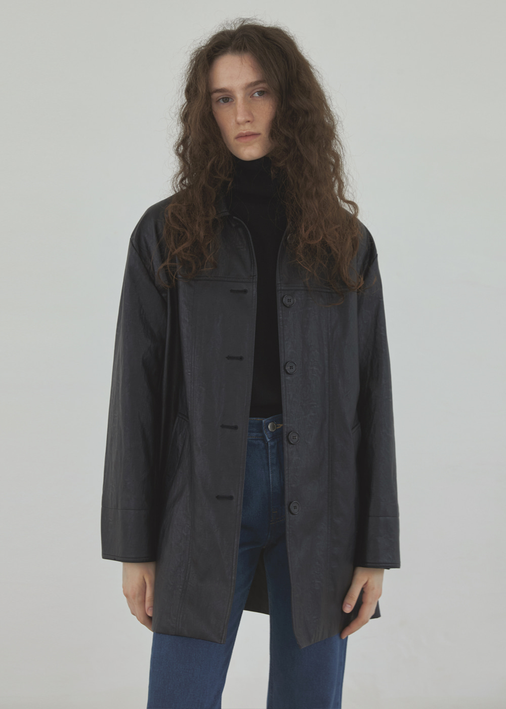 블루브릭,Leather half coat (black)
