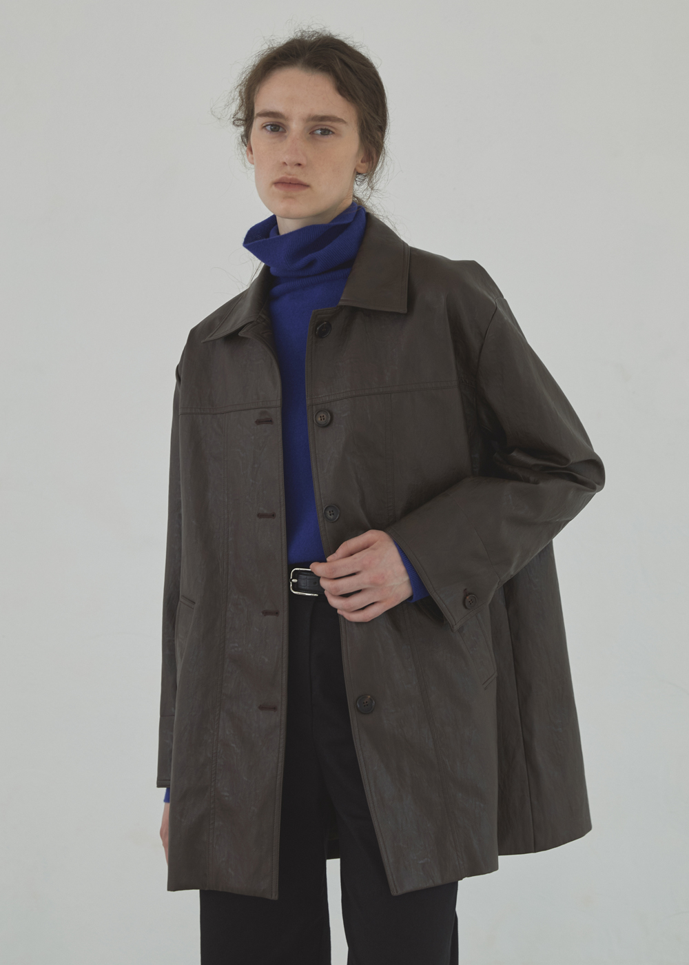 블루브릭,Leather half coat (brown)