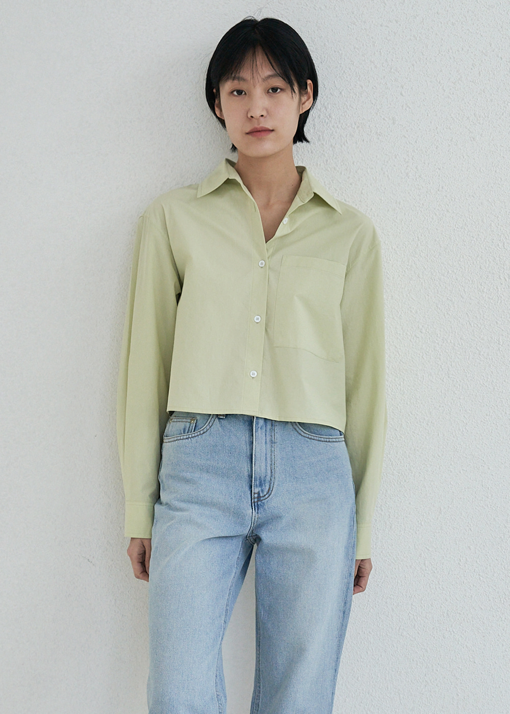 블루브릭,Crop pocket shirt (lime)