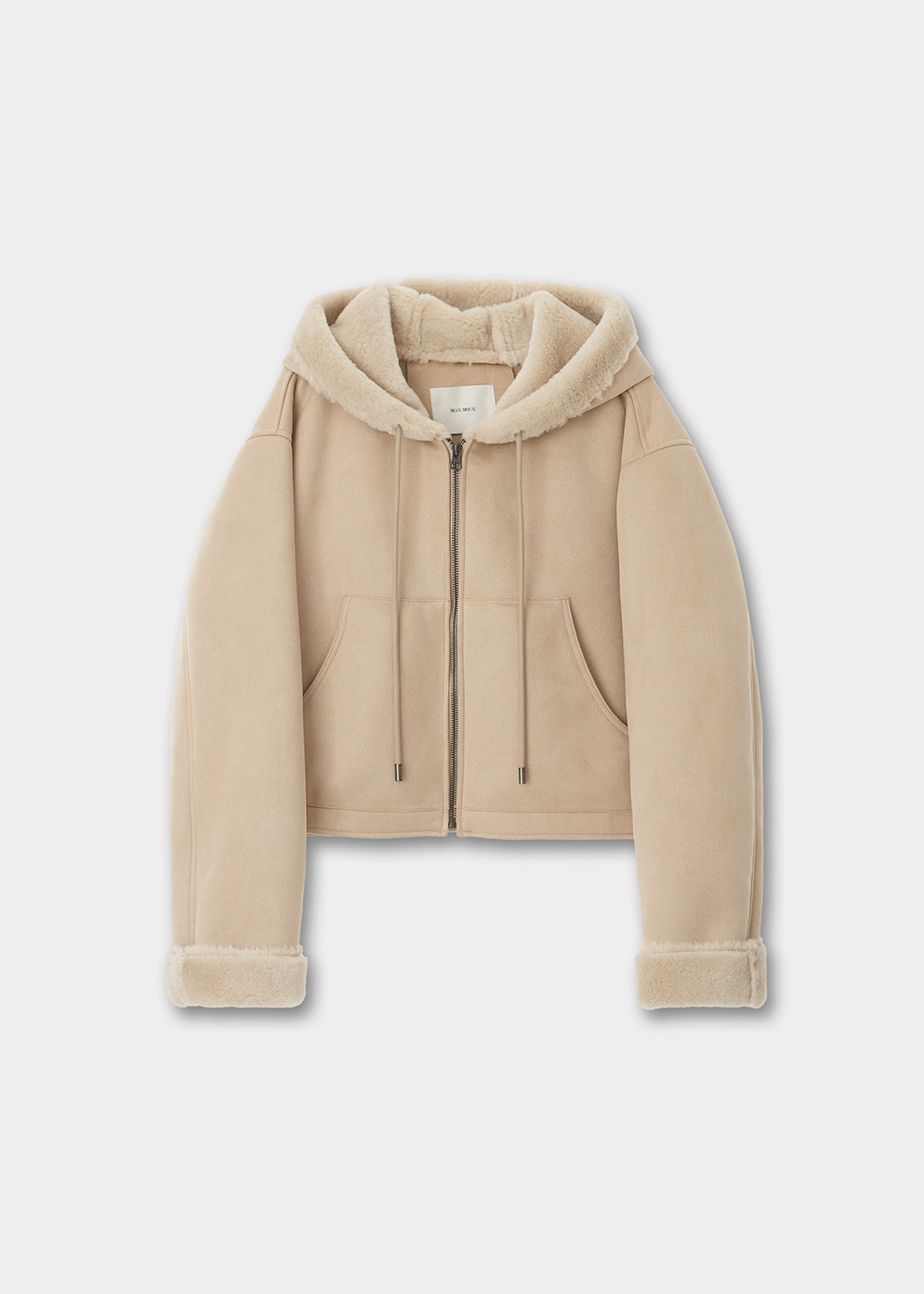 블루브릭,Crop hood shearling coat (light beige)