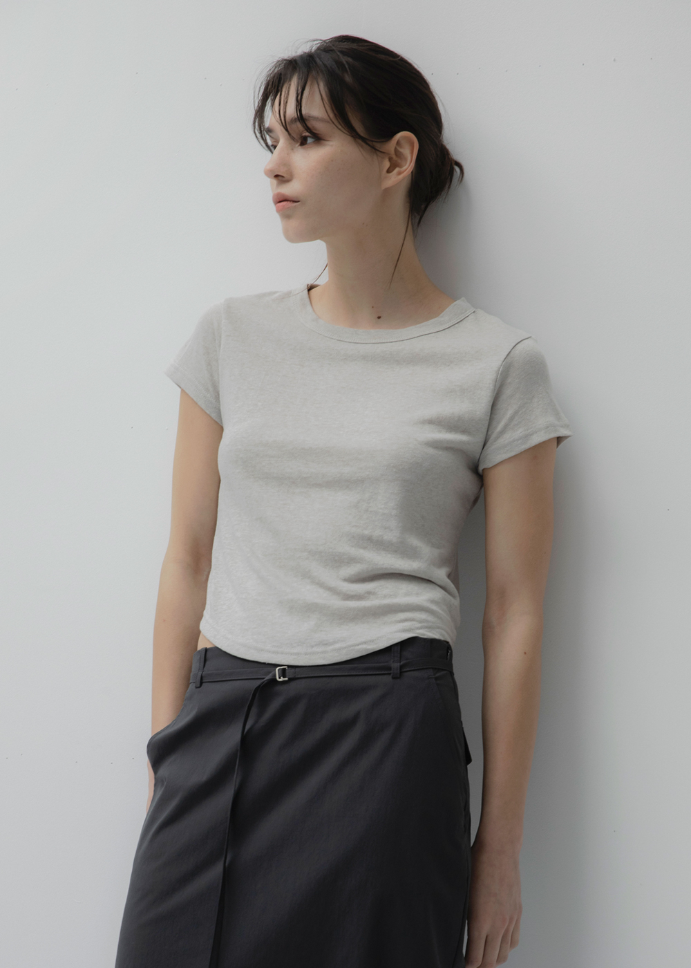 블루브릭,Linen round crop t-shirt (gray)