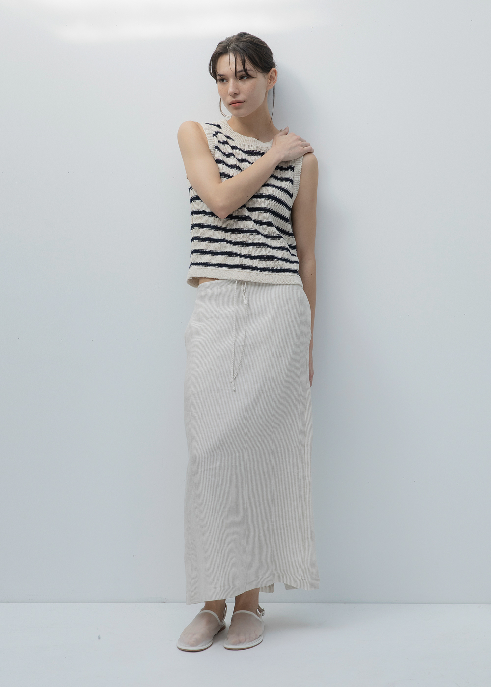 블루브릭,Linen string skirt (beige stripe)