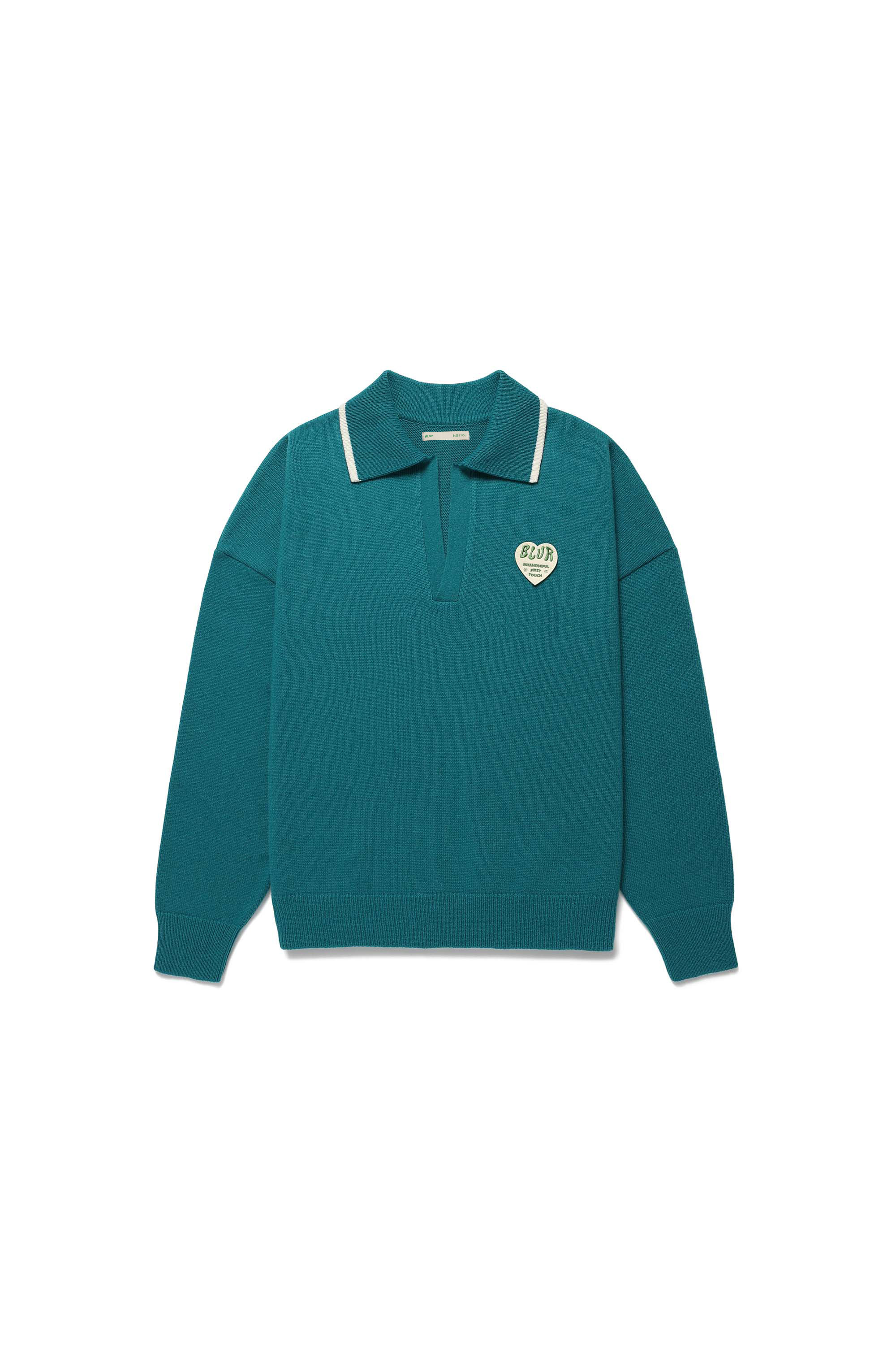 OPEN COLLARED KNIT PULLOVER - BLUE GREEN