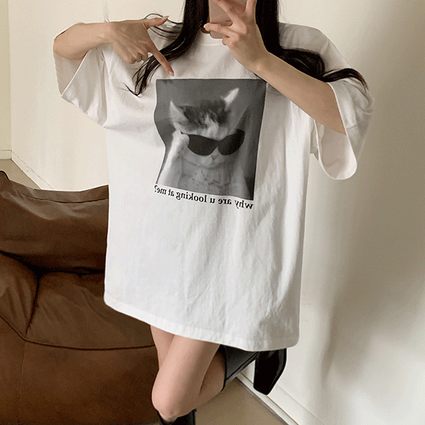 [남녀공용,고퀄리티,오버핏,통통,귀여운] 캣 흑백 박시핏 반팔 티셔츠 - t [무료배송]