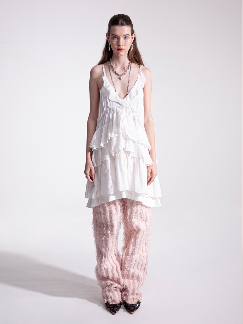 Cotton &amp; silk tiered mini dress in white