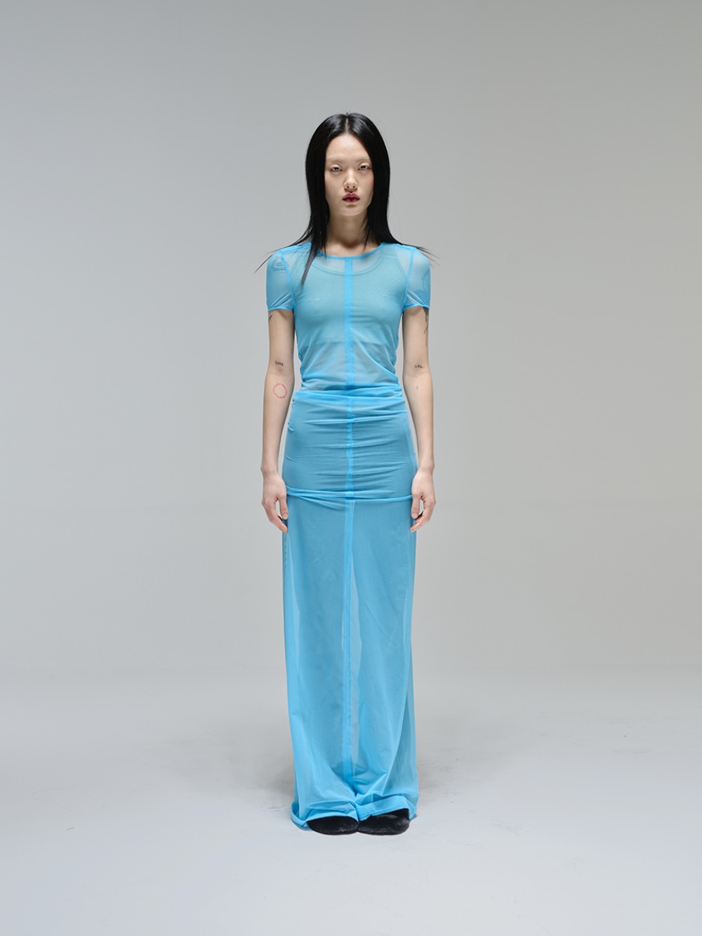See-through mesh jersey maxi dress in vivid blue