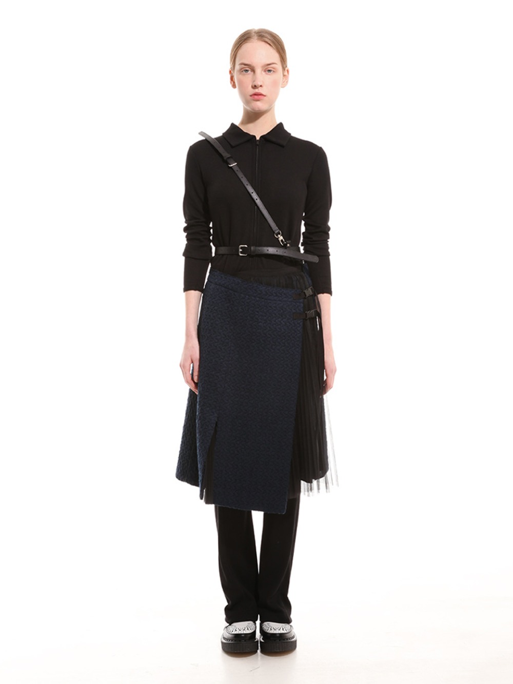 [기간한정] Midnight blue tweed wrap skirt with tulle pleats -60%