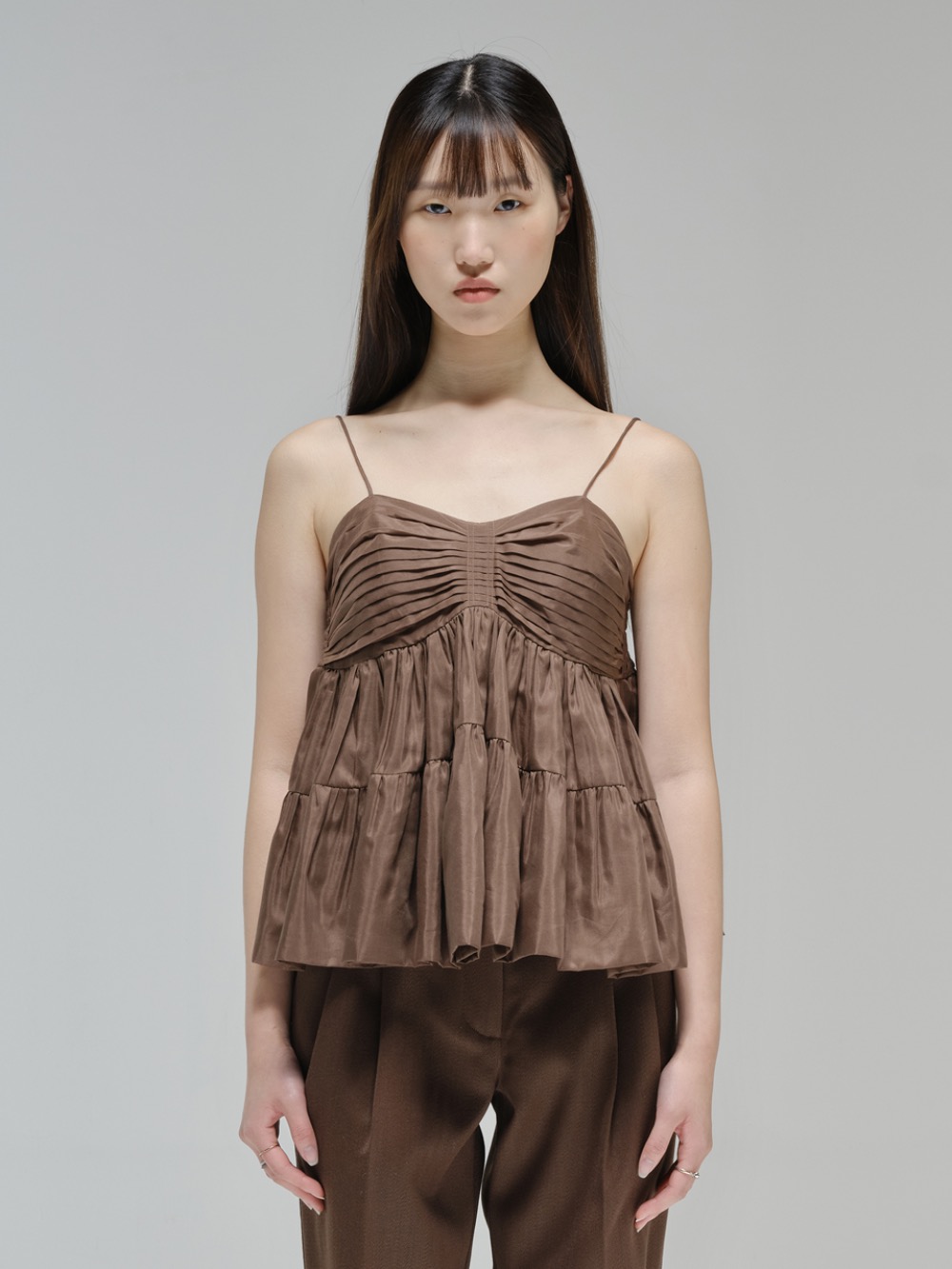 Pleated cotton-silk top in off brown