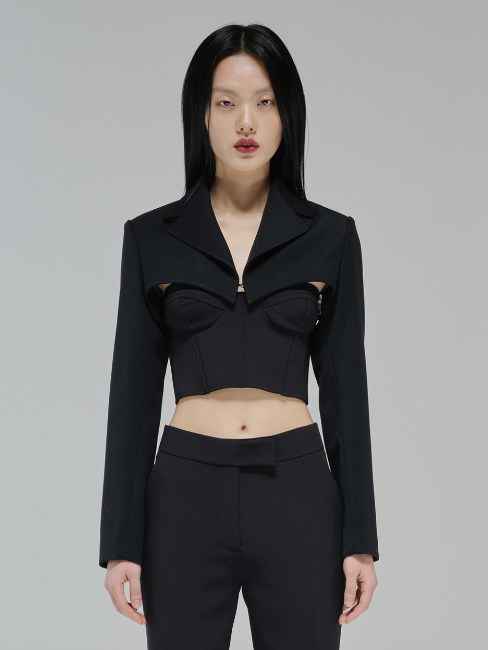 Cut-out cropped wool-twill jacket in black