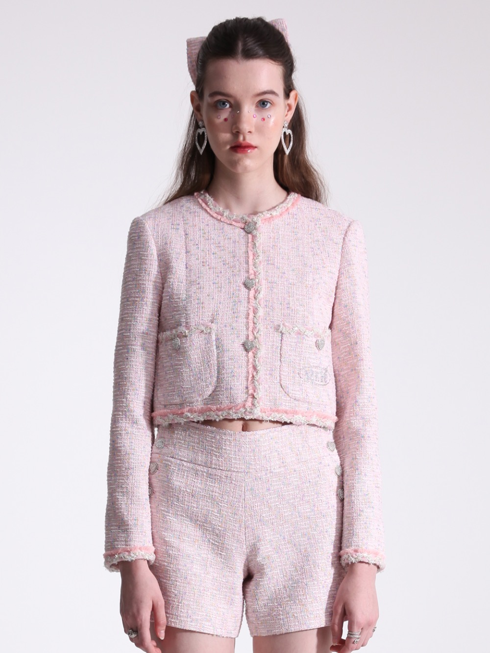 [기간한정]Light pink tweed cropped jacket with pocket logo-40%