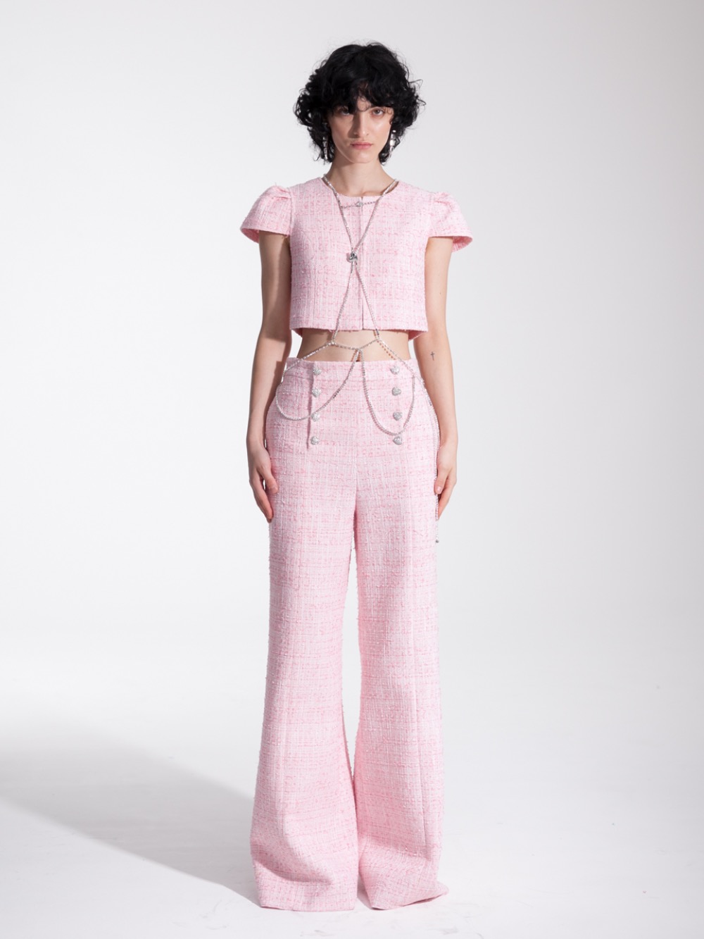 Pink tweed heart button trimmed sailor wide pants