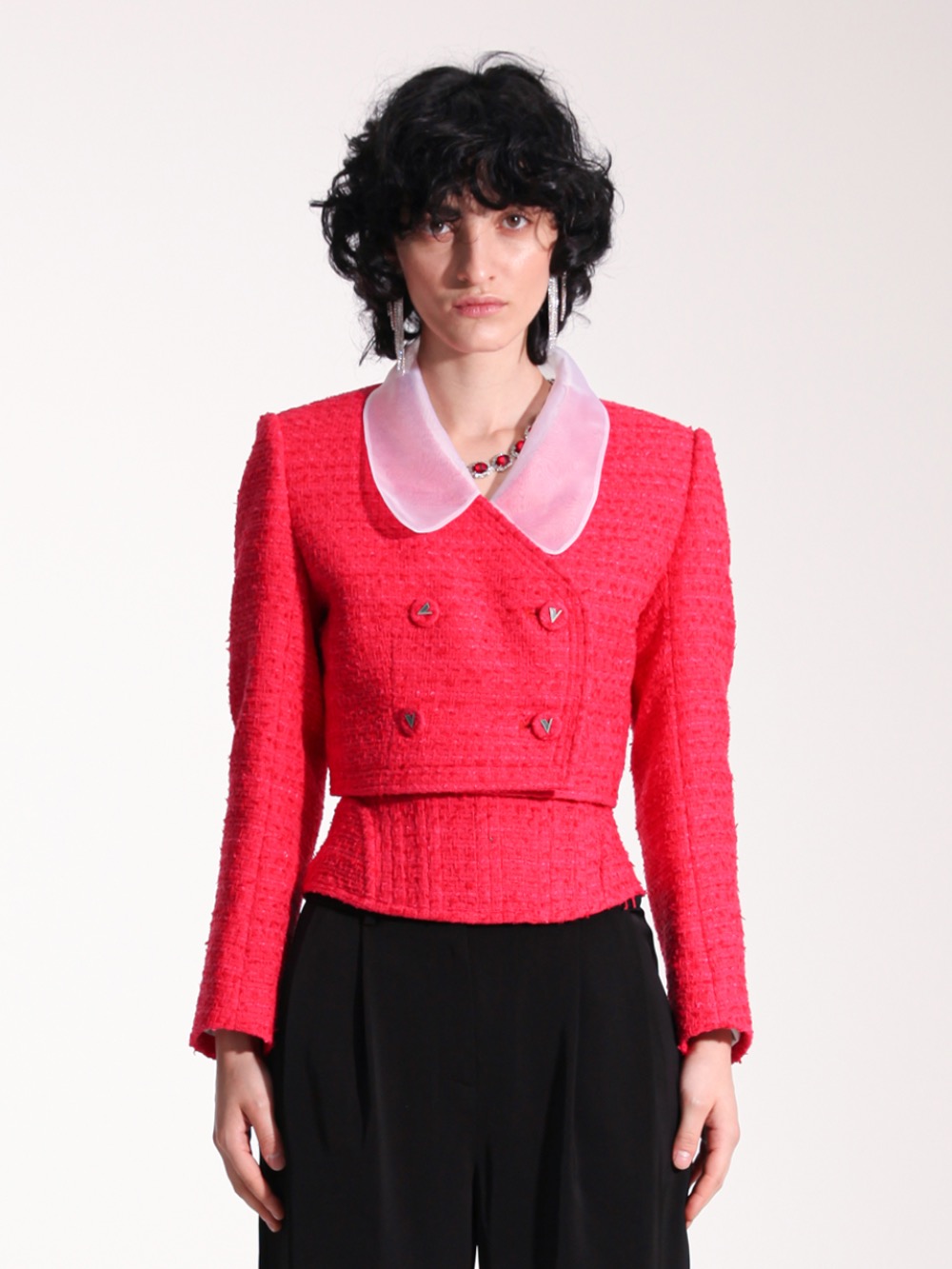 Cherry pink double-breasted cropped jacket with detachable silk collar