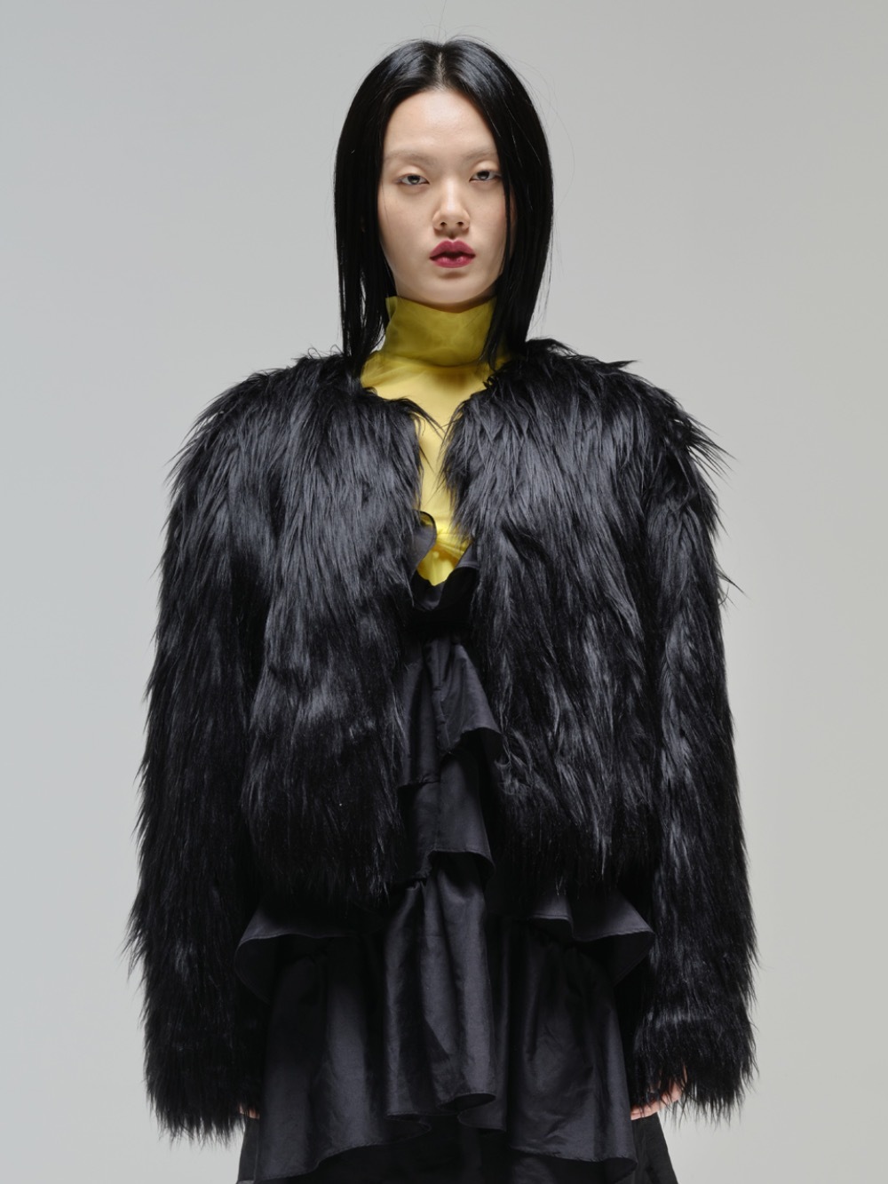 [SAMPLE SALE] Mongolian faux fur jacket in black-70%