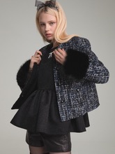 Fur trimmed blue &amp; silver tweed jacket