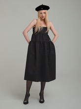 Ribbon pointed jacquard tiered dress in black