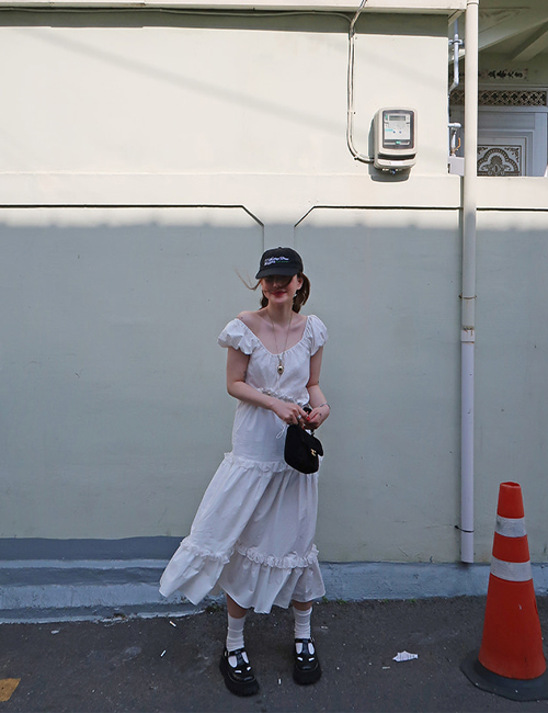 white ruffle long dress