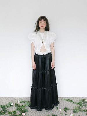(freckle made♥)black satin ruffle trim tiered skirt