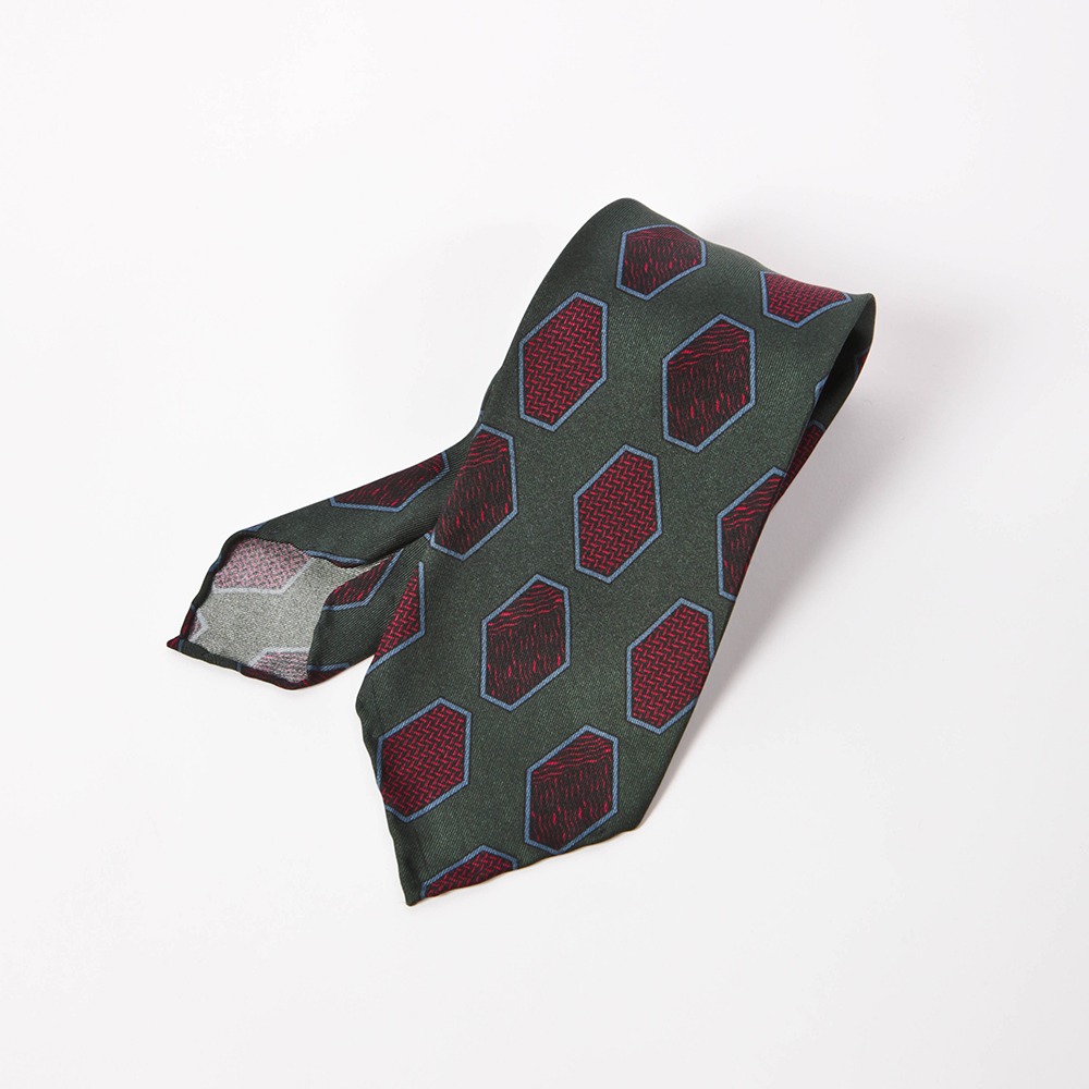 B&amp;TAILOR Unlining 6Fold Tie  Green-Burgundy Hexagon