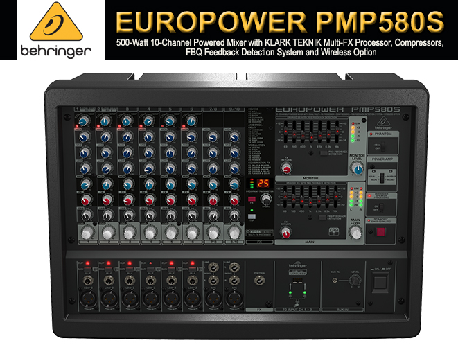 BEHRINGER PMP580S 500-Watt 10-Channel Powered Mixer with Klark Teknik Multi-Fx Processor Compressors Black 