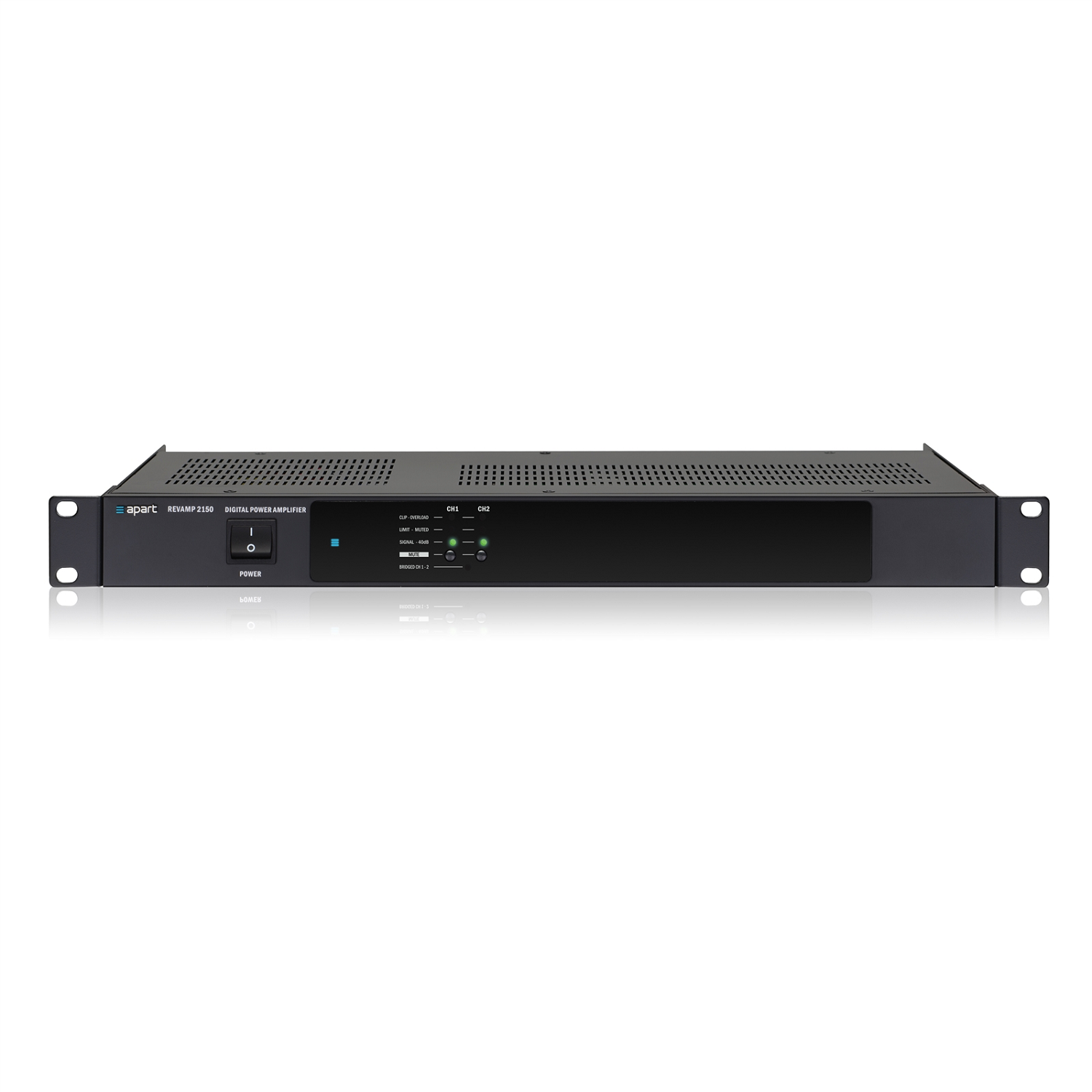 2 Channel class D amplifier 2 x 150 Watts (RMS @ 4 Ohms), 2 x 165 Watts (Dynamic @ 4 Ohms) or in bridge mode 1 x 300 Watts (RMS @ 8 Ohms), Convection Cooled, 1 U, 19&quot; rackmount , REVAMP2150 , APART