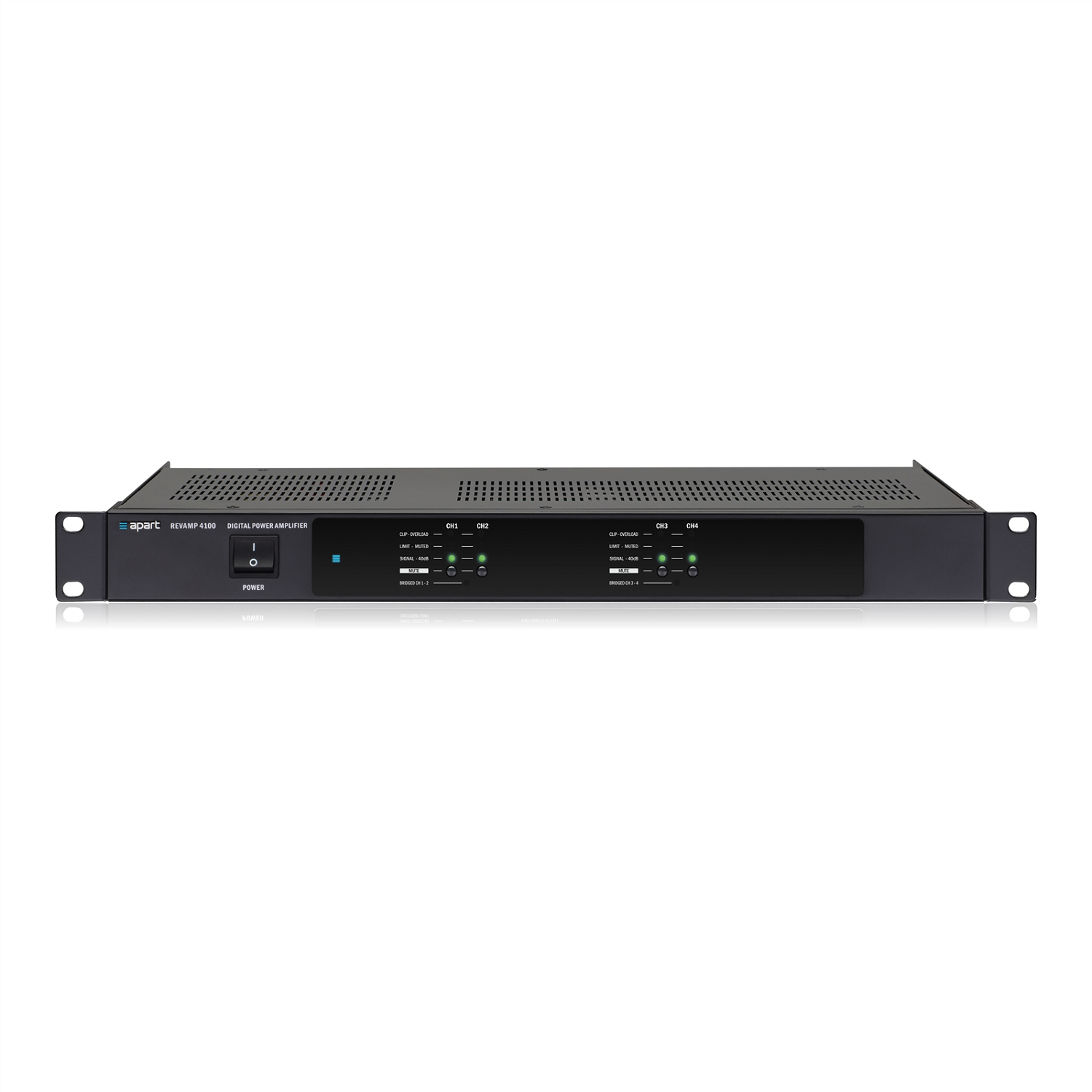 4 Channel class D amplifier 4 x 100 Watts (RMS @ 4 Ohms), 4 x 110 Watts (Dynamic @ 4 Ohms) or in Bridge Mode 1 x 200 Watts (RMS @ 8 Ohms), Convection Cooled, 1 U, 19&quot; Rackmount , REVAMP4100 , APART