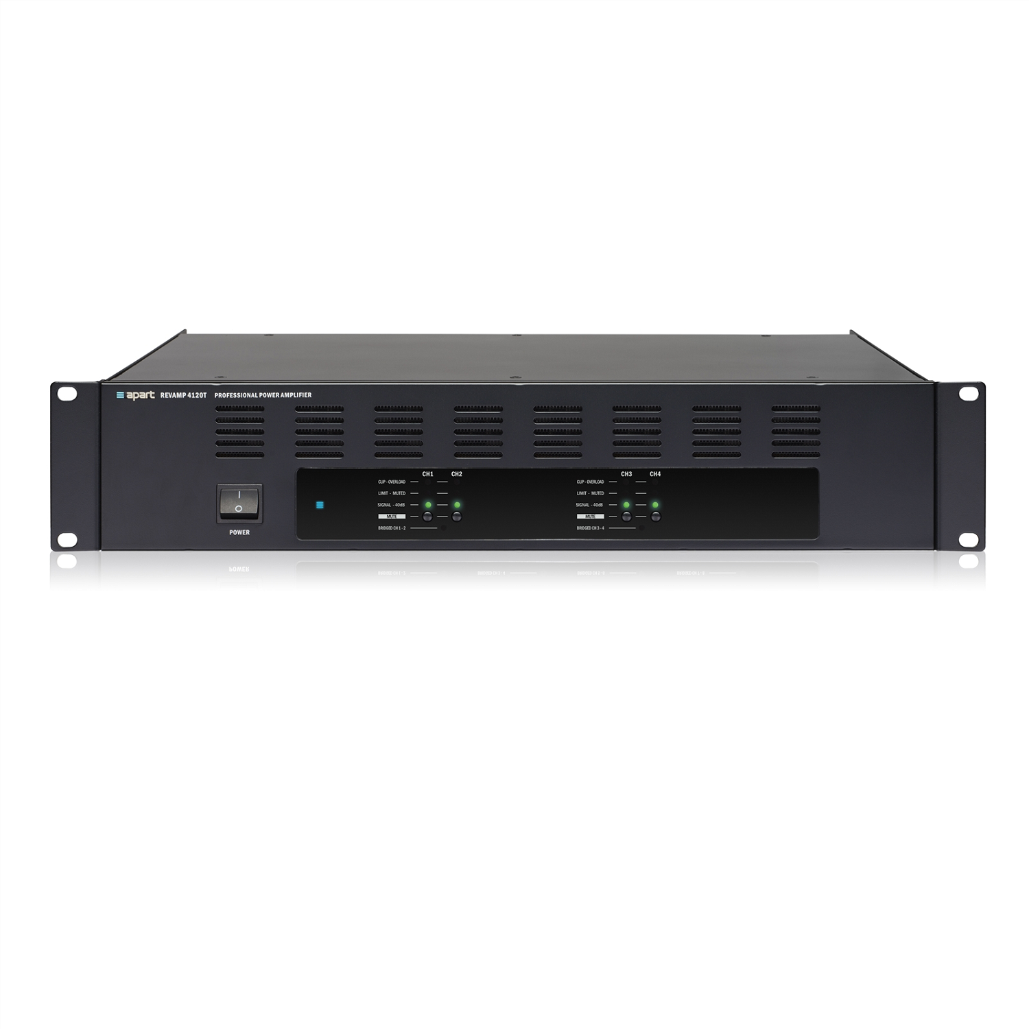 4 Channel class D amplifier 4 x 120 Watts (70/100 Volts or RMS @ 4 Ohms) or in bridge mode 2 x 240 Watts (70/100 Volts or RMS @ 8 Ohms), Combined Convection and Fan Cooling, 2 U, 19&quot; Rackmount , REVAMP4120T , APART