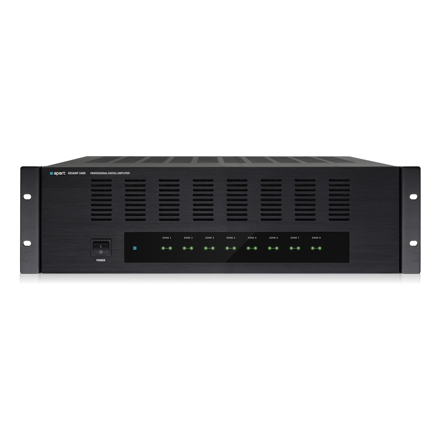 16 Channel class D amplifier 16 x 80 Watts (RMS @ 4 Ohms), 16 x 100 Watts (Dynamic @ 4 Ohms) or in bridge mode 8 x 160 Watts (RMS @ 8 Ohms), 0,5 Watts power consumption in Standby, convection cooled, 3U, 19&quot; Rackmount , REVAMP1680 , APART