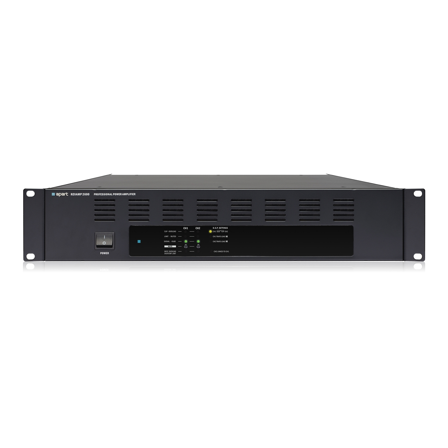 2 Channel class H amplifier 2 x 600 Watts (RMS @ 4 Ohms), 2 x 840 Watts (Dynamic @ 4 Ohms), Variable Fan Cooled, Analogue Devices DSP processor, 2 U, 19&quot; Rackmount , REVAMP2600 , APART