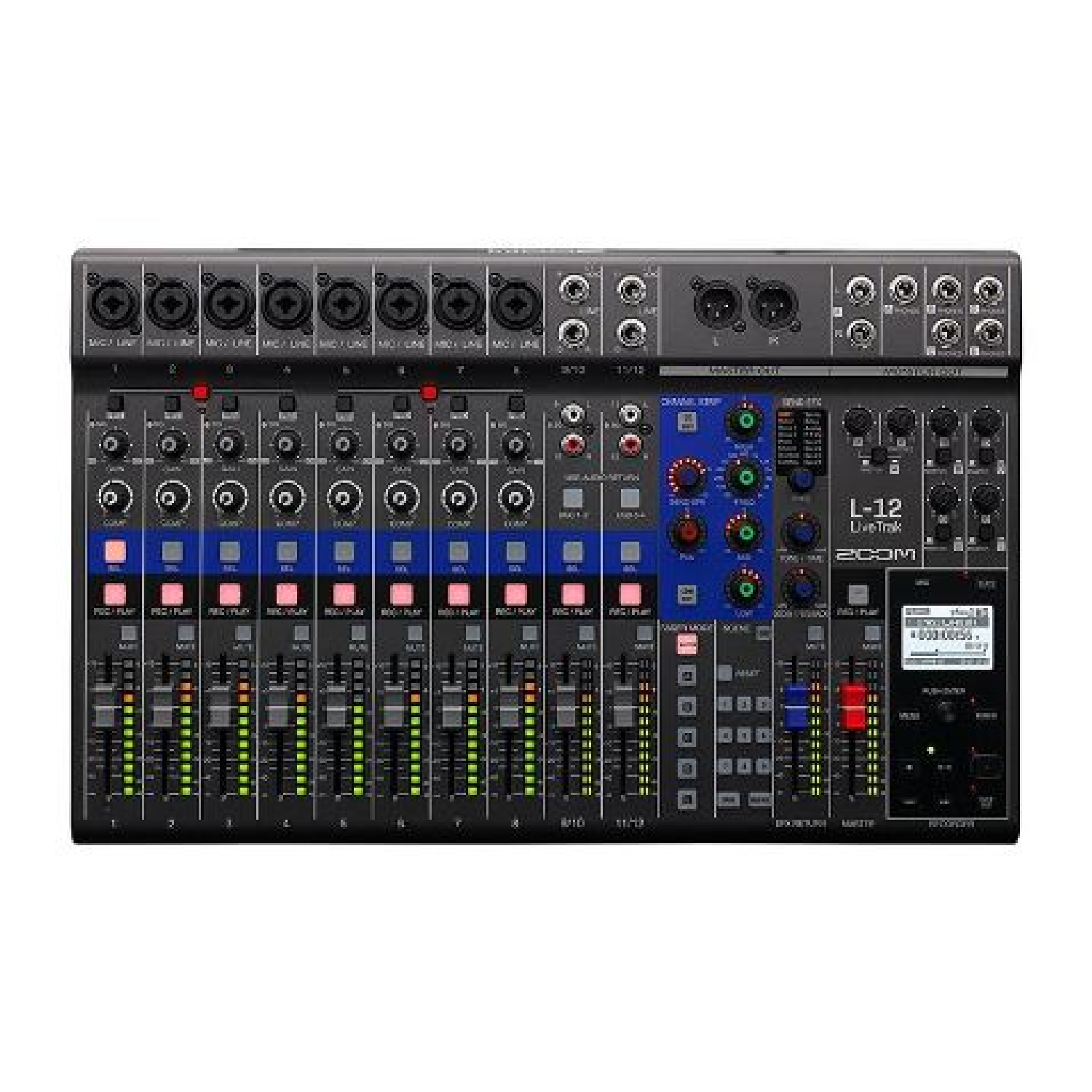 12 Channel Digital Mixer and Multitrack Recorder, Built In 14 Track SD Recorder USB Audio Interface (iOS Compatible), Channel Strip with 3 Band EQ Low-Cut Filter and 16 Digital Effects   L12 zoom