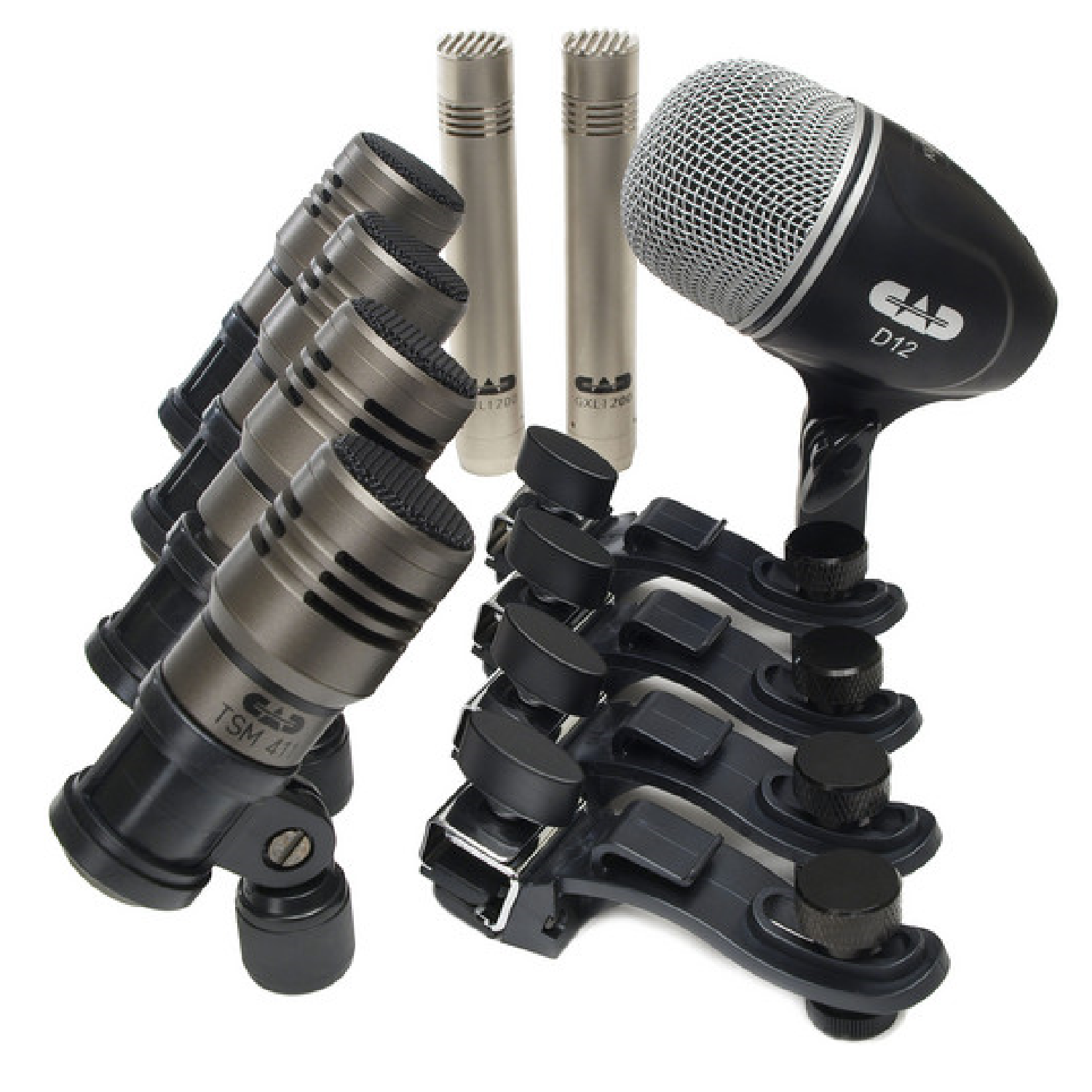 Premium Percussion Mic 1 x D12 Dynamic Large Kick Drum Mic, 4 x Tom Mic with Clips, 2 x Instrument Condenser HiHats, 4 x Drum Mic Clips   TOURING7 cad audio