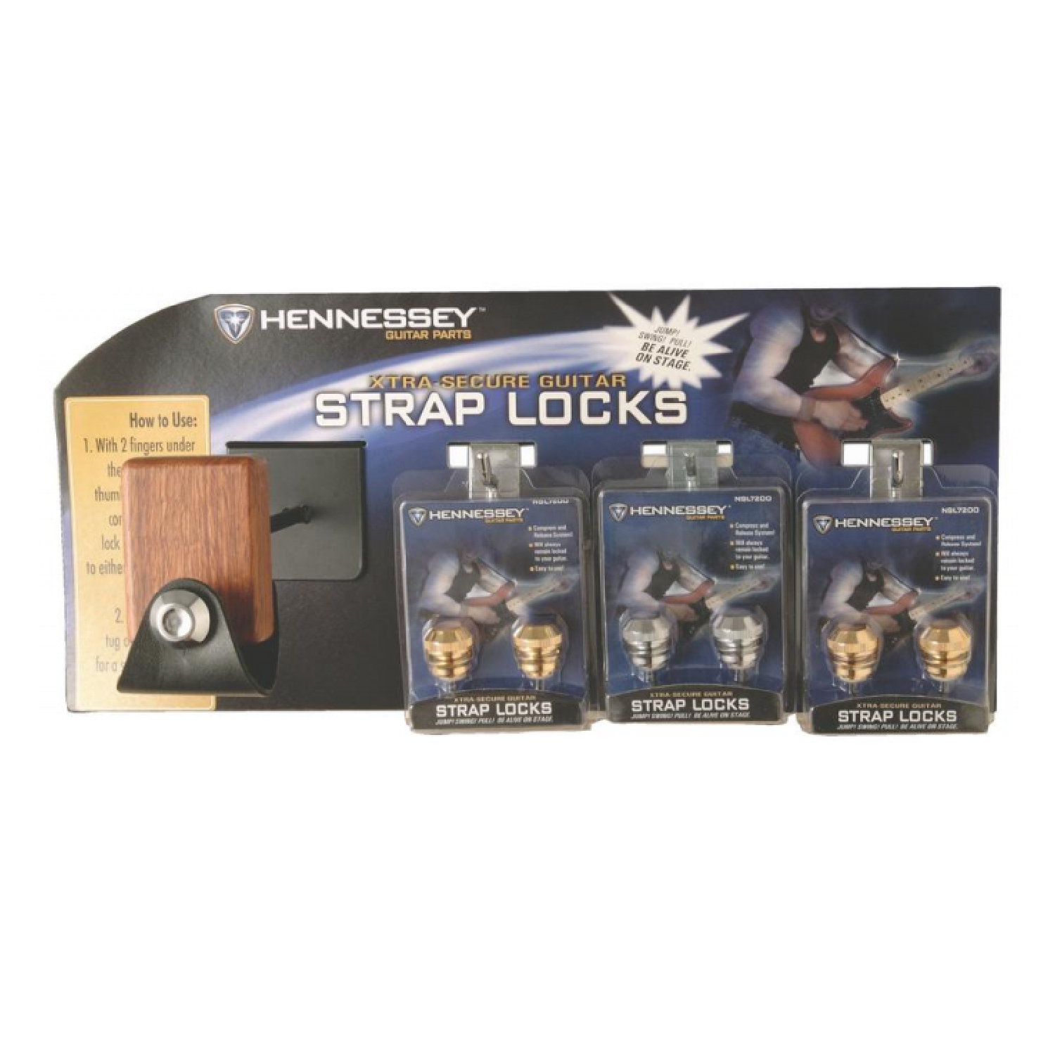 Hennessey Strap Lock Wall Display   NSLD1000 on stage stands