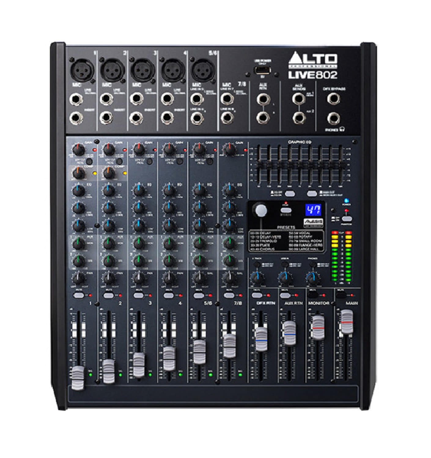 8-Channel/2-Bus Mixer with DSP and USB, Alto Professional Live 802