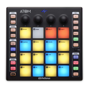 16 Full Size Velocity and Pressure Sensitive, RGB LED, 20 Assignable Buttons, 4 Endless Rotary Knobs and 1 Setup Button/Pads Production Controller   ATOM presonus