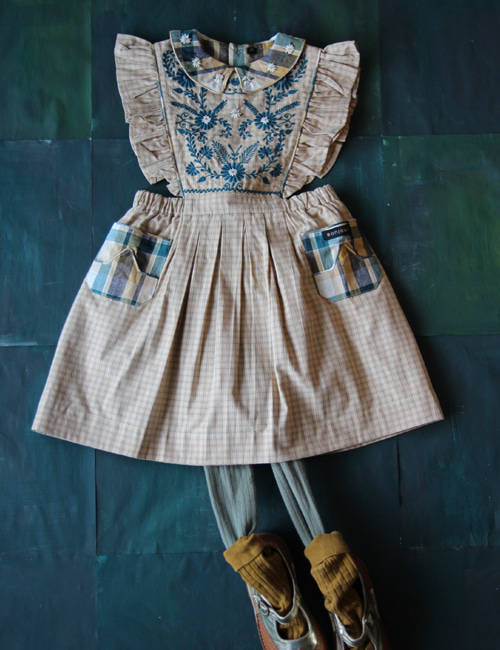 [BONJOUR DIARY]Apron dress with embroidery _ Small beige check