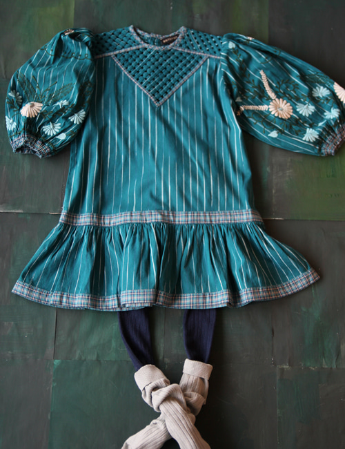 [BONJOUR DIARY]Folk dress with braid top &amp; embroidery  _ Ikat blue[3Y, 4Y]