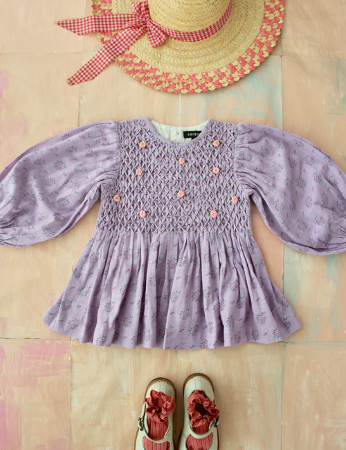 [BONJOUR DIARY] Handsmock blouse _ Small pastels flowers overdyed in light violet color