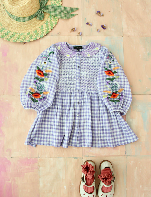 [BONJOUR DIARY] Tunique Blouse with embrloidery collar &amp; sleeve _ Violet Gingham