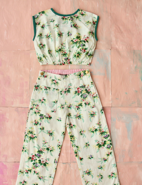 [BONJOUR DIARY] Top with Elastic at bottom + Long pant _ Tropical print